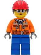 Construction Worker - Female, Chest Pocket Zippers, Belt over Dark Gray Hoodie, Blue Legs, Red Helmet with Dark Brown Hair 