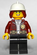 Fire Chief, Female - Freya McCloud, Dark Red Jacket, Black Legs, White Fire Helmet, Open Smile / Closed Mouth Pattern 