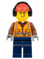 Construction Worker - Male, Orange Safety Vest, Reflective Stripes, Reddish Brown Shirt, Dark Blue Legs, Red Construction Helmet with Black Ear Protectors / Headphones, Lopsided Smile