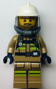 Fire - Reflective Stripes, Dark Tan Suit, White Fire Helmet, Open Mouth with Beard, Breathing Neck Gear with Blue Air Tanks 