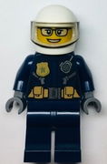 Police - City Motorcyclist Female, Leather Jacket with Gold Badge and Utility Belt, White Helmet, Trans-Black Visor, Glasses, and Open Mouth Smile 