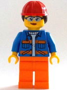 Construction Worker - Female, Blue Open Jacket with Pockets and Orange Stripes, Orange Legs, Red Construction Helmet with Dark Brown Hair 