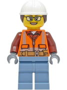 Construction Worker - Female, Orange Safety Vest, Reflective Stripes, Reddish Brown Shirt, Sand Blue Legs, White Construction Helmet with Dark Brown Hair, Glasses 