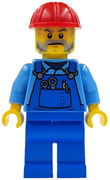 Mechanic - Male, Blue Overalls over Medium Blue Shirt, Blue Legs, Red Construction Helmet, Beard, Back Print