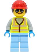 Space Engineer - Female, Neon Yellow Safety Vest, Bright Light Blue Legs, Red Construction Helmet with Dark Brown Hair