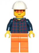 Construction Worker - Male, Dark Blue Plaid Button Shirt, Orange Legs, White Construction Helmet, Safety Glasses