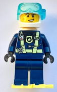 Police - City Officer Dark Blue Diving Suit with Bright Light Yellow Harness, Flippers, White Helmet and Air Tanks, Scuff Mark