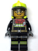 Fire - Female, Black Jacket and Legs with Reflective Stripes and Red Collar, Neon Yellow Fire Helmet, Trans-Black Visor, Black Glasses
