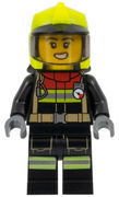 Fire - Female, Black Jacket and Legs with Reflective Stripes and Red Collar, Neon Yellow Fire Helmet, Trans-Black Visor, Scared Open Mouth with Teeth