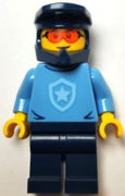 Police - City Officer, Medium Blue Shirt with Badge, Dark Blue Legs, Dark Blue Dirt Bike Helmet, Orange Glasses
