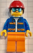 Construction Worker - Female, Blue Jacket with Diagonal Lower Pockets and Orange Stripes, Orange Legs, Red Construction Helmet with Dark Brown Ponytail Hair, Goggles