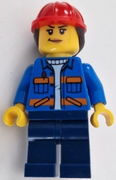 Construction Worker - Female, Blue Open Jacket with Pockets and Orange Stripes, Dark Blue Legs, Red Construction Helmet with Dark Brown Hair
