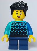 Child Boy, Medium Azure Top with Triangles, Dark Blue Short Legs, Black Hair