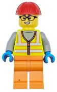 Construction Worker - Male, Neon Yellow Safety Vest, Orange Legs, Red Construction Helmet, Black Glasses