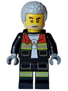 Fire - Male, Black Open Jacket and Legs with Reflective Stripes and Red Collar, Light Bluish Gray Coiled Hair