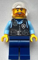 Police - City Officer Male, Black Safety Vest with Silver Star Badge Logo, Dark Blue Legs, White Flight Helmet, Trans-Clear Visor, Beard