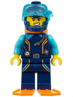 Arctic Explorer Diver - Female, Dark Blue Diving Suit and Helmet, Orange Air Tanks and Flippers, Trans-Light Blue Diver Mask, Scared