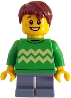 Child - Boy, Bright Green Sweater with Bright Light Yellow Zigzag Lines, Sand Blue Short Legs, Reddish Brown Hair