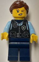 Police - City Officer Female, Black Safety Vest with Silver Star Badge Logo, Dark Blue Legs, Reddish Brown Hair with Ponytail