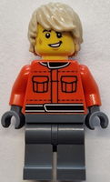 Formula 1 Race Crew Member - Male, Reddish Orange Racing Suit with Pockets, Dark Bluish Gray Legs, Tan Tousled Hair, Scuff Mark