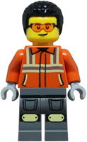 Construction Worker - Male, Reddish Orange Safety Jacket with Reflective Stripes, Dark Bluish Gray Legs with Knee Pads, Black Coiled Hair, Safety Glasses