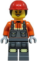 Construction Worker - Female, Dark Bluish Gray Overalls over Reddish Orange Safety Jacket with Reflective Stripes, Dark Bluish Gray Legs with Knee Pads, Red Construction Helmet with Dark Brown Ponytail Hair