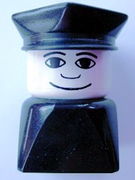 Duplo 2 x 2 x 2 Figure Brick Early, Male on Black Base, Black Police Hat, Wide Smile 