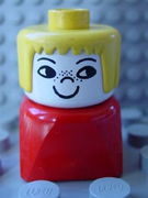 Duplo 2 x 2 x 2 Figure Brick Early, Female on Red Base, Yellow Hair, Freckles 