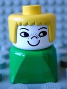 Duplo 2 x 2 x 2 Figure Brick Early, Female on Green Base, Yellow Hair, Nose Freckles 