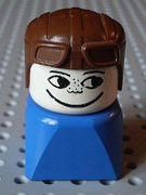 Duplo 2 x 2 x 2 Figure Brick Early, Male on Blue Base, Brown Aviator Hat, Freckles 