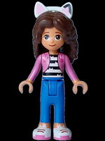 Gabby - Dark Pink Jacket over Black and White Striped Shirt, Blue Trousers, Dark Brown Hair with Internal Supports