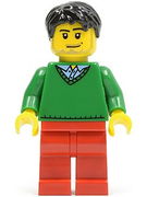 Green V-Neck Sweater, Red Legs, Black Short Tousled Hair, Smirk and Stubble Beard 