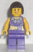 Female Dark Purple Blouse with Gold Sash and Flowers, Dark Purple Legs, Dark Brown Bob Cut Hair 