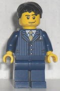 Businessman Pinstripe Jacket and Gold Tie, Dark Blue Legs, Black Short Tousled Hair, Lopsided Smile, Stubble Beard 