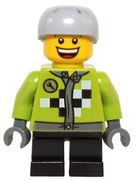 Lime Jacket with Wrench and Black and White Checkered Pattern, Short Black Legs, Sports Helmet with Vent Holes 