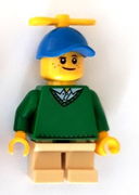 Boy - Freckles, Green Sweater, Tan Short Legs, Blue Cap with Tiny Yellow Propeller 