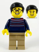 Man, Dark Blue Sweater, Dark Tan Legs, Black Hair, Glasses 