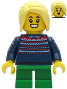 Girl - Dark Blue Knit Sweater, Green Short Legs, Bright Light Yellow Hair 
