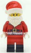 Santa, Red Legs, Black Boots Fur Lined Jacket with Button and Candy Cane on Back, Gray Bushy Eyebrows 
