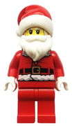 Santa - Red Fur Lined Jacket with Button and Candy Cane on Back, Red Legs, Gray and White Bushy Eyebrows, Thick Moustache