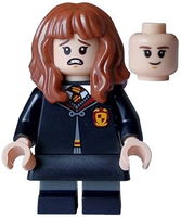 Hermione Granger - Gryffindor Robe Clasped, Black Skirt, Black Short Legs with Dark Bluish Gray Stripes, Open Mouth Scared / Closed Mouth Grin