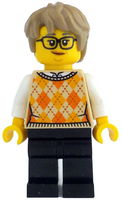 Woman - Tan Knit Argyle Sweater Vest, Black Legs, Dark Tan Thick Messy Hair, Glasses