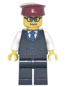 Train Driver - Male, Black Vest with Blue Striped Tie, Black Legs, Dark Red Hat, Glasses and Moustache 