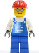 Overalls Striped Blue with Pocket, Blue Legs, Red Construction Helmet, Silver Glasses and Eyebrows 
