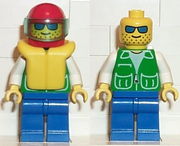 Jacket Green with 2 Large Pockets - Blue Legs, Sunglasses, Red Helmet, Trans-Light Blue Visor, Life Jacket 