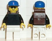 Plain Black Torso with Black Arms, White Legs, Sunglasses, Blue Cap, Backpack 