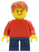 Plain Red Torso with Red Arms, Dark Blue Short Legs, Lopsided Smile (Child) 