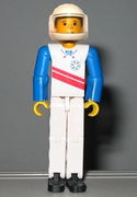 Technic Figure White Legs, White Top with Red Stripes Pattern, Blue Arms, White Helmet (Skier) 