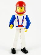 Technic Figure White Legs, White Top with Blue Suspenders Pattern, Blue Arms, Red Helmet 