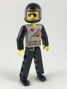 Technic Figure Black Legs, Light Gray Top with 2 Brown Belts, Black Arms, Black Helmet 